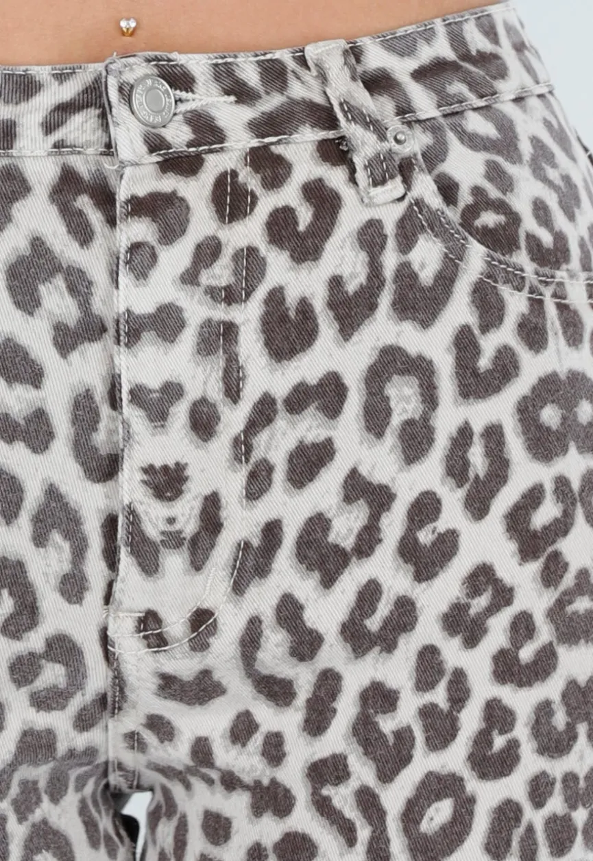 Beige Denim Straight Leg Jeans met Luipaardprint en Hoge Taille