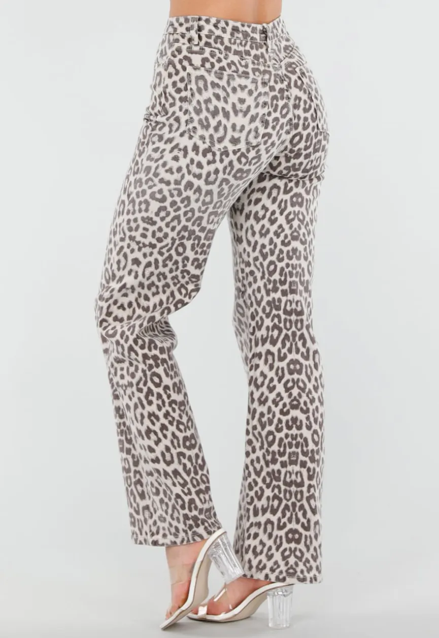 Beige Denim Straight Leg Jeans met Luipaardprint en Hoge Taille