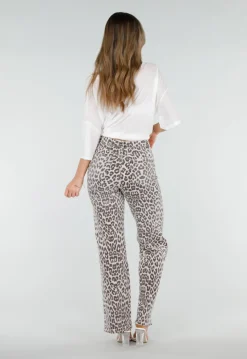Beige Denim Straight Leg Jeans met Luipaardprint en Hoge Taille