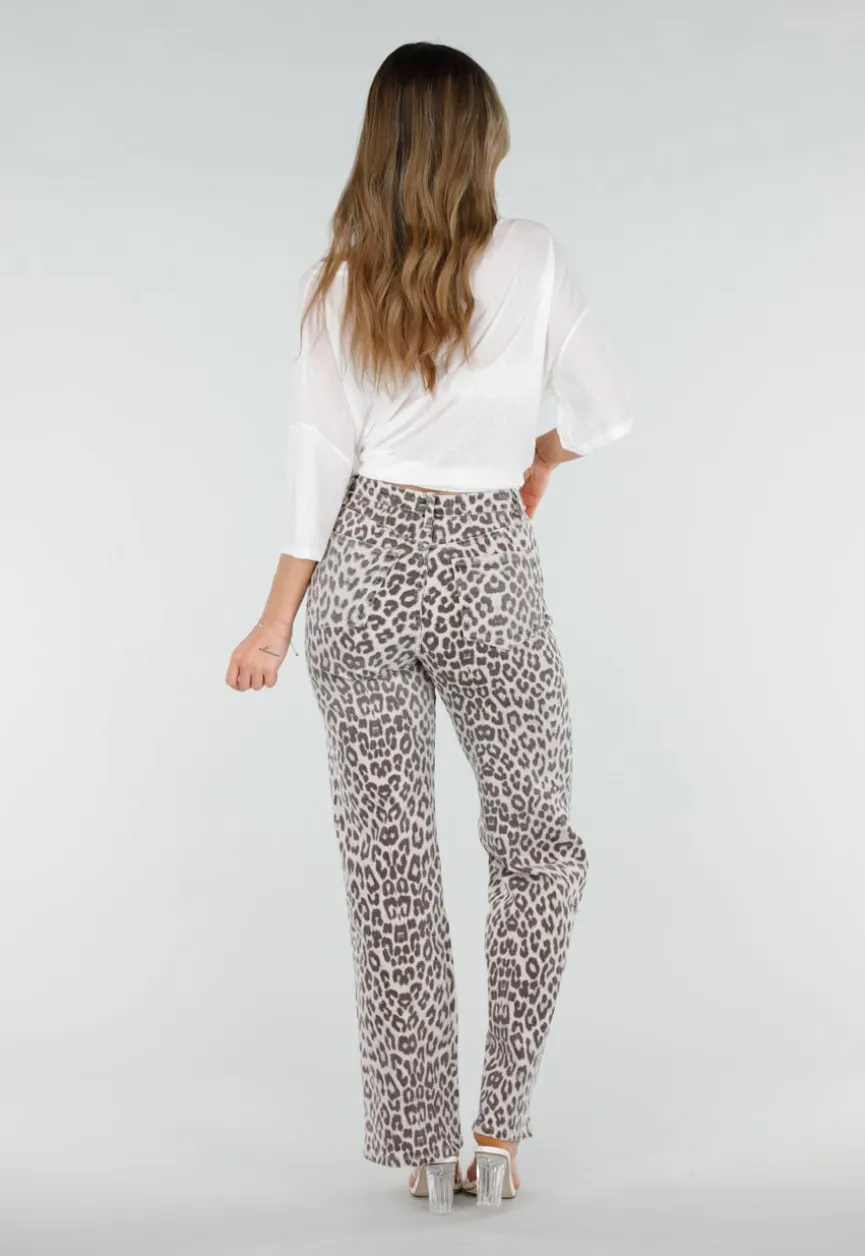 Beige Denim Straight Leg Jeans met Luipaardprint en Hoge Taille