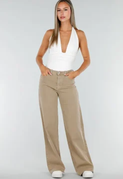 Beige Denim Tall Jeans met Straight Leg en Hoge Taille