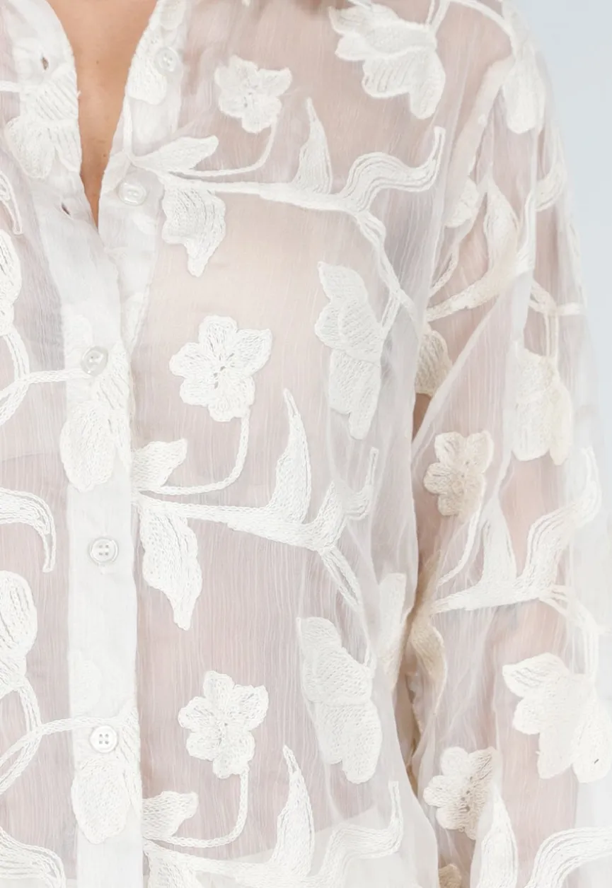 Beige Doorschijnende Blouse met Bloemenborduursel en Lange Mouwen