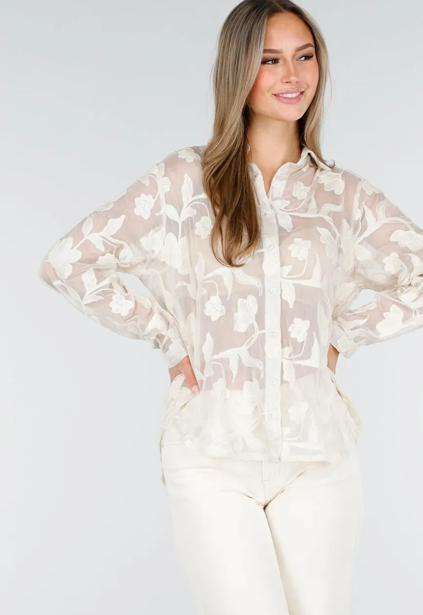 Beige Doorschijnende Blouse met Bloemenborduursel en Lange Mouwen