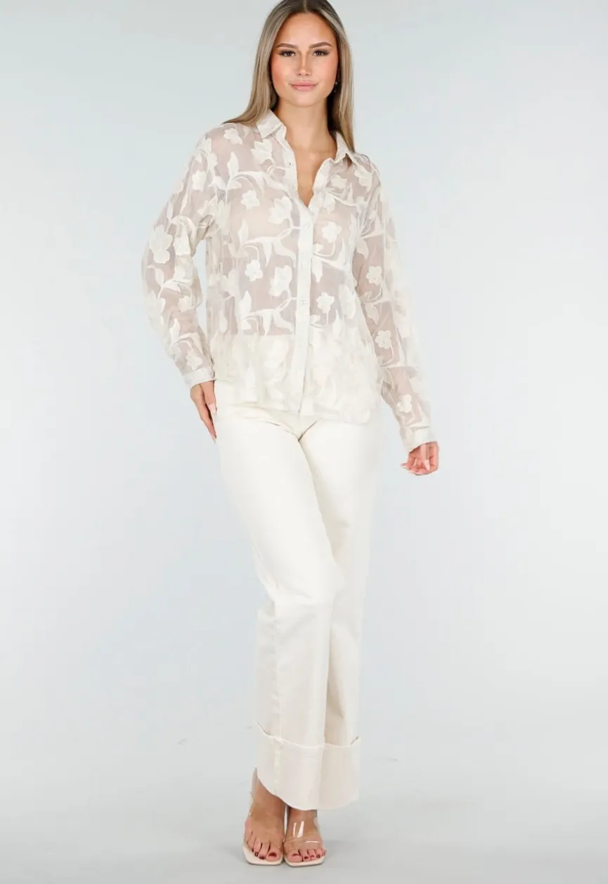 Beige Doorschijnende Blouse met Bloemenborduursel en Lange Mouwen