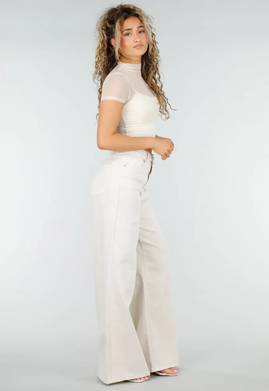 Beige Extra Wide Leg Jeans met Hoge Taille en Stretch