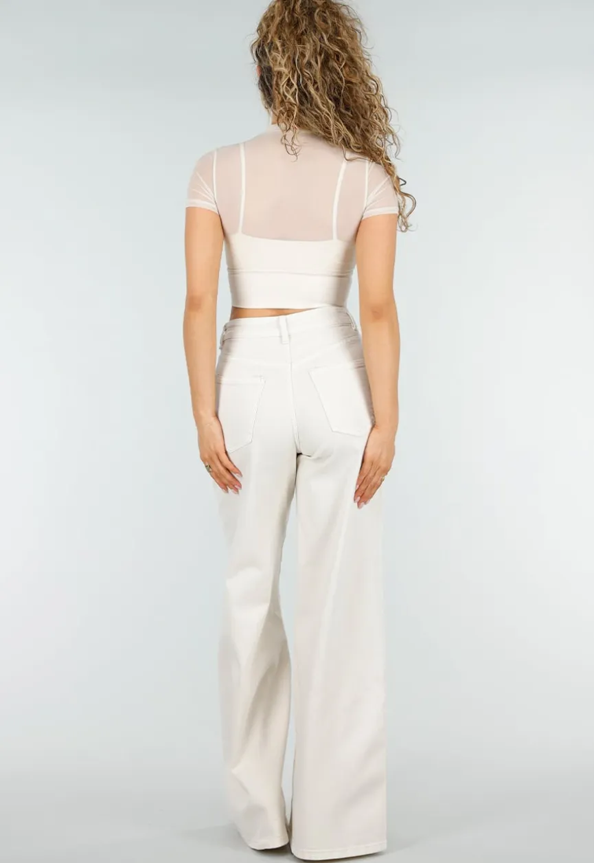 Beige Extra Wide Leg Jeans met Hoge Taille en Stretch