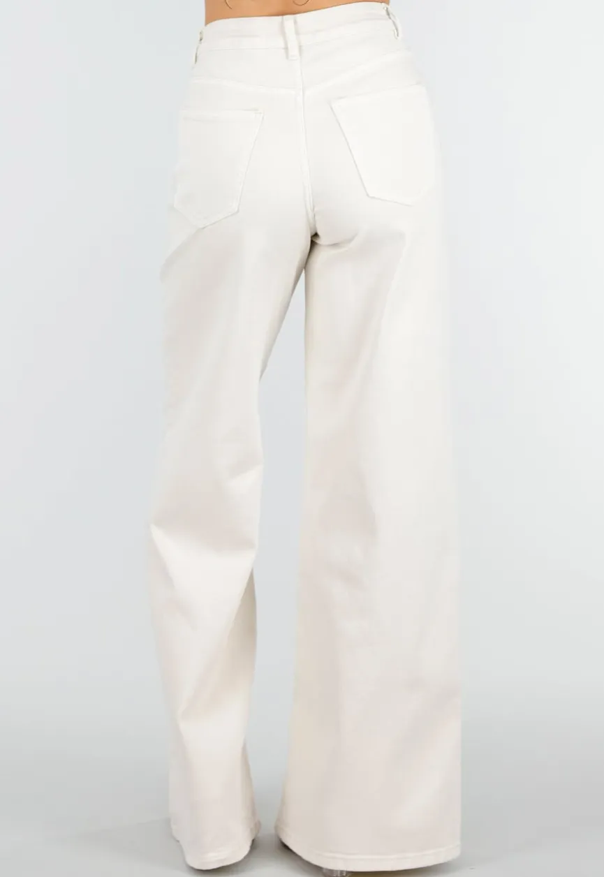 Beige Extra Wide Leg Jeans met Hoge Taille en Stretch