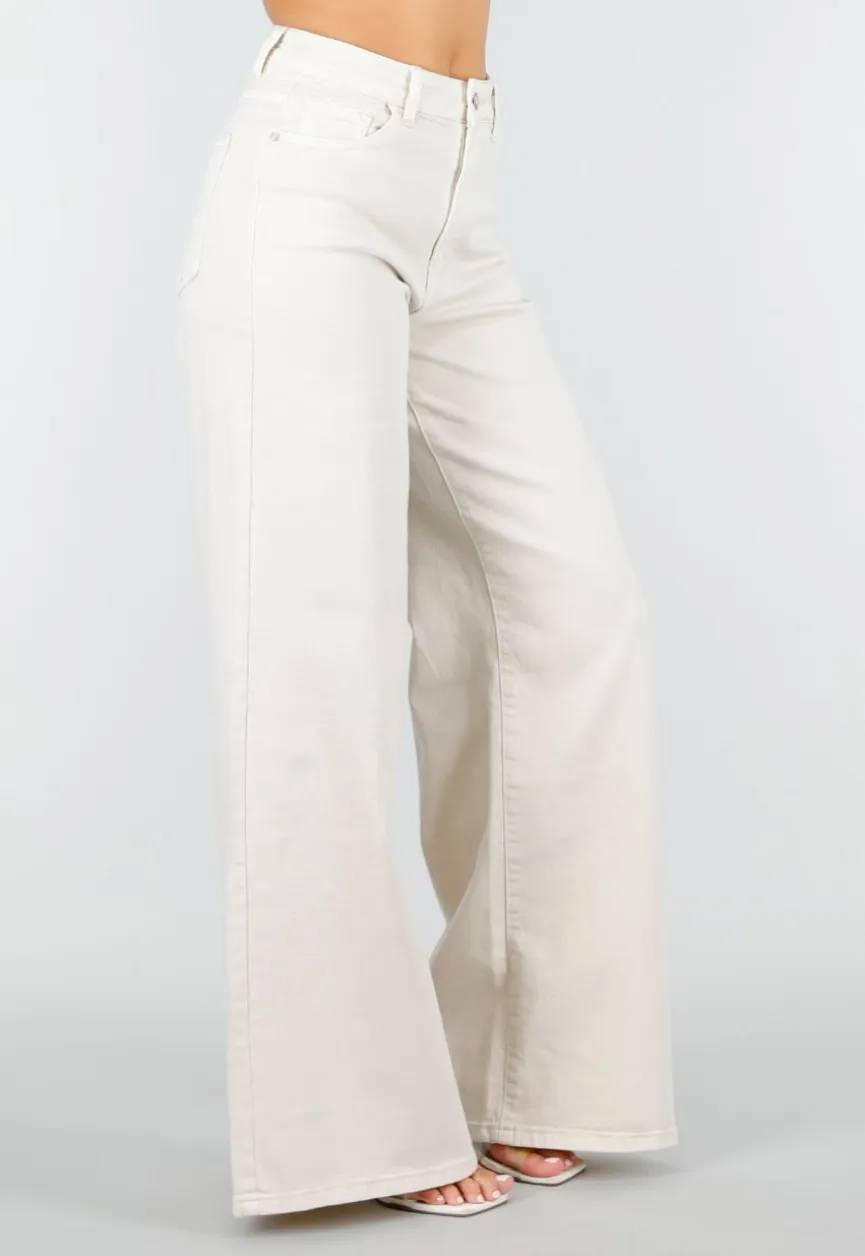 Beige Extra Wide Leg Jeans met Hoge Taille en Stretch