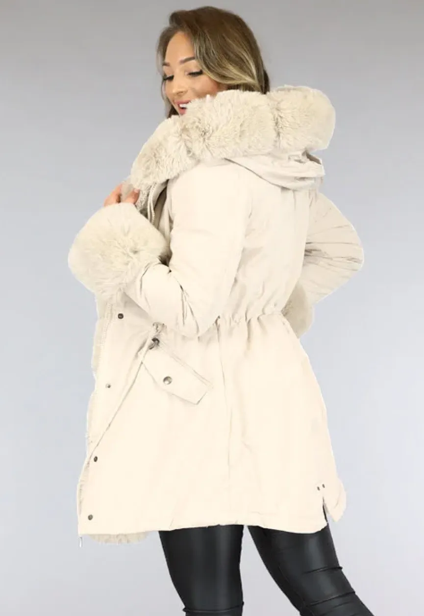 Beige Faux Fur Gevoerde Winterjas