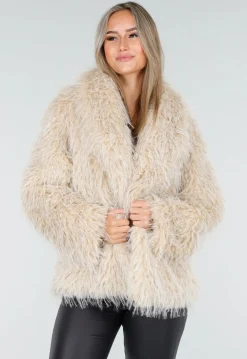 Beige Faux Fur Jas met Harige Textuur