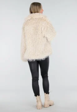 Beige Faux Fur Jas met Harige Textuur