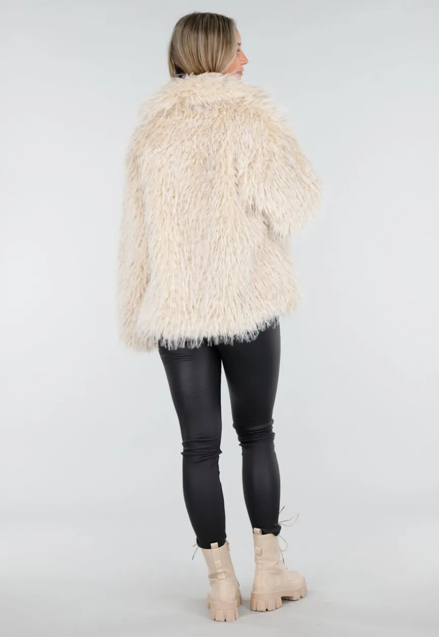 Beige Faux Fur Jas met Harige Textuur