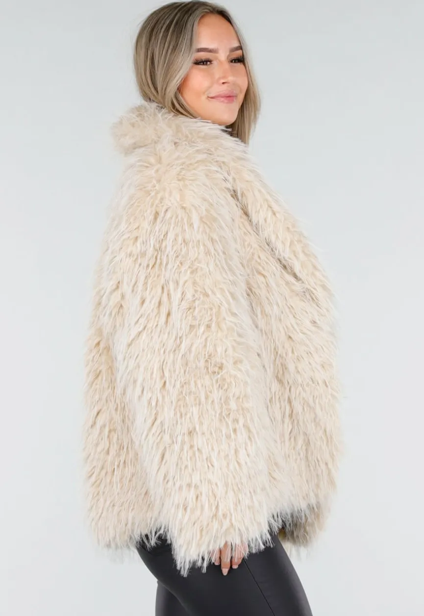 Beige Faux Fur Jas met Harige Textuur