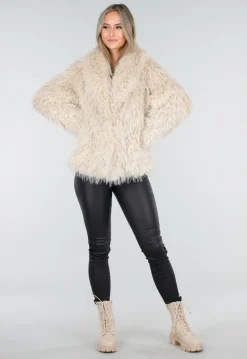 Beige Faux Fur Jas met Harige Textuur