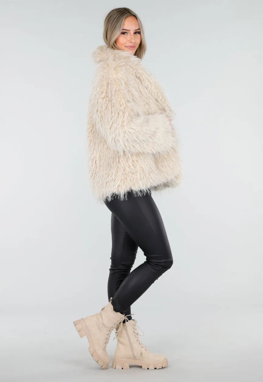 Beige Faux Fur Jas met Harige Textuur