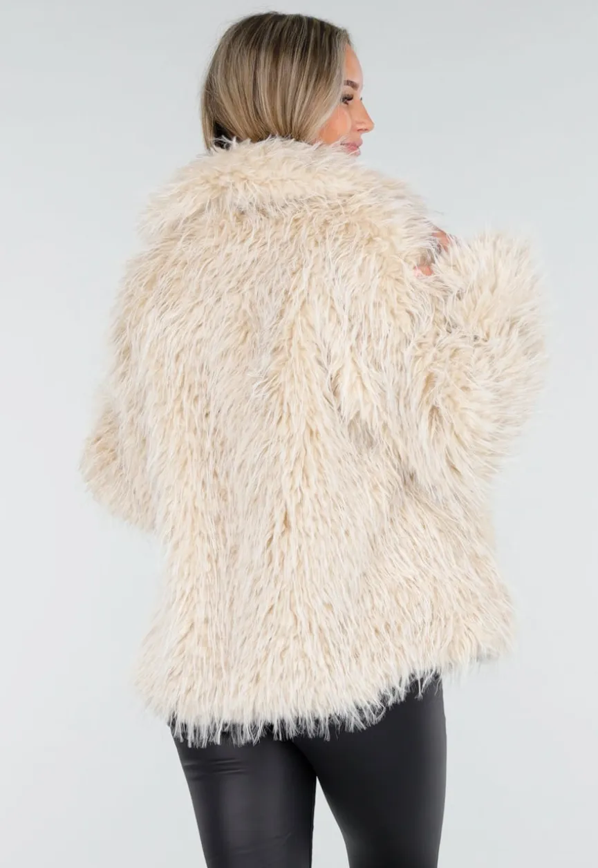 Beige Faux Fur Jas met Harige Textuur
