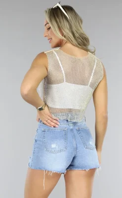 Beige Fishnet Glitter Tank Top
