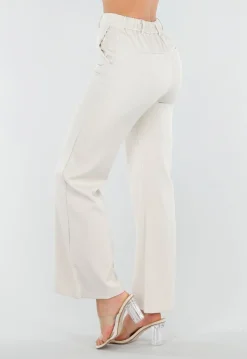 Beige Flared Pantalon met Elastische Tailleband