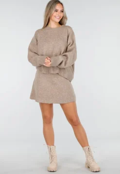 Beige Gebreide Co-ord Set met Trui en Rokje