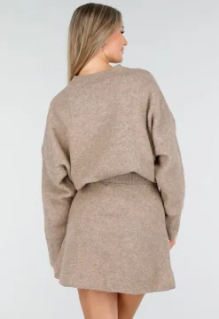 Beige Gebreide Co-ord Set met Trui en Rokje