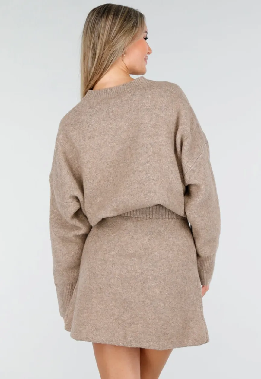 Beige Gebreide Co-ord Set met Trui en Rokje