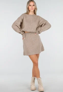 Beige Gebreide Co-ord Set met Trui en Rokje