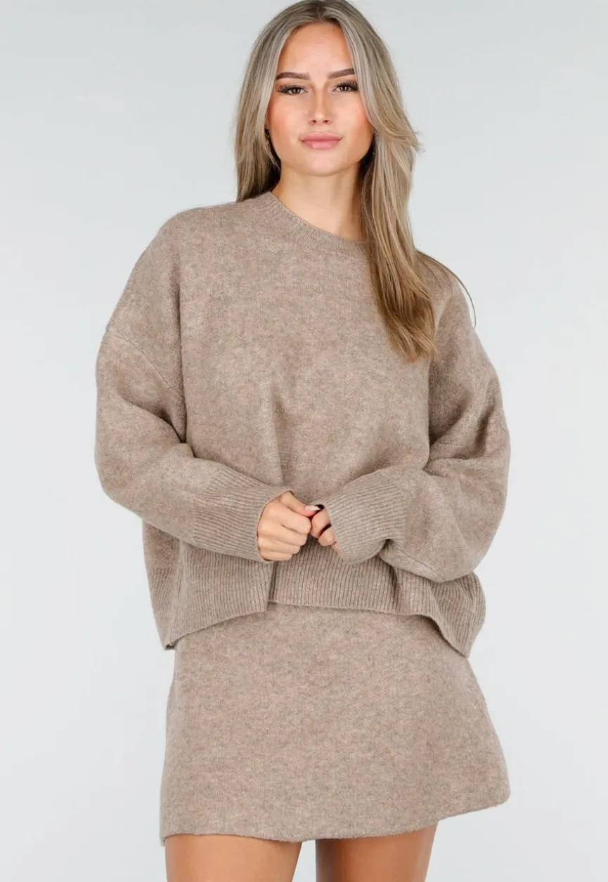 Beige Gebreide Co-ord Set met Trui en Rokje