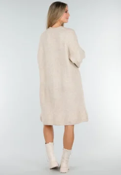 Beige Gebreide Jurk met Lange Mouwen en Recht Ribpatroon
