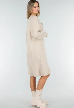 Beige Gebreide Jurk met Lange Mouwen en Recht Ribpatroon
