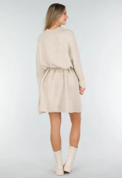 Beige Gebreide Jurk met Lange Mouwen en Recht Ribpatroon