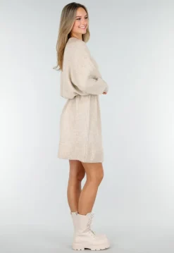Beige Gebreide Jurk met Lange Mouwen en Recht Ribpatroon