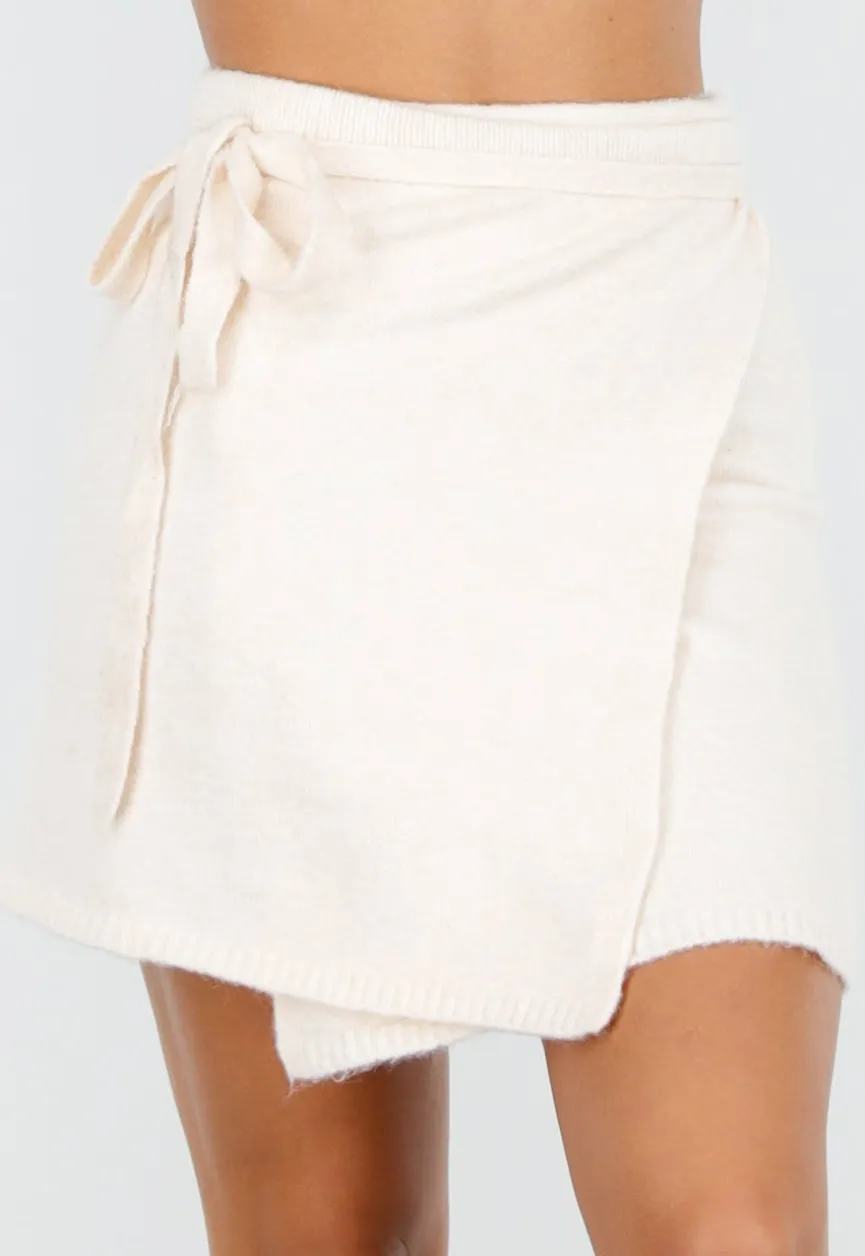 Beige Gebreide Overslagrok met Strikdetail