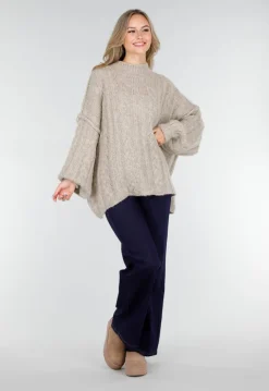 Beige Gebreide Trui met Kabelpatroon en Pofmouwen