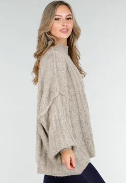 Beige Gebreide Trui met Kabelpatroon en Pofmouwen