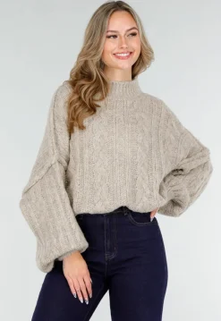 Beige Gebreide Trui met Kabelpatroon en Pofmouwen