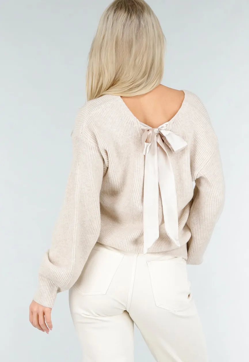 Beige Gebreide Trui met Open Rug en Satijnen Strikdetail