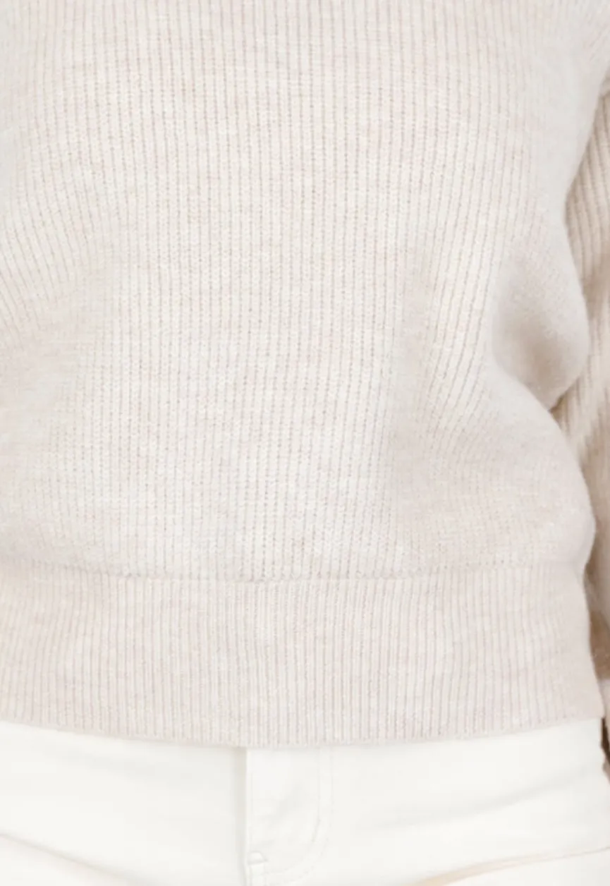 Beige Gebreide Trui met Open Rug en Satijnen Strikdetail