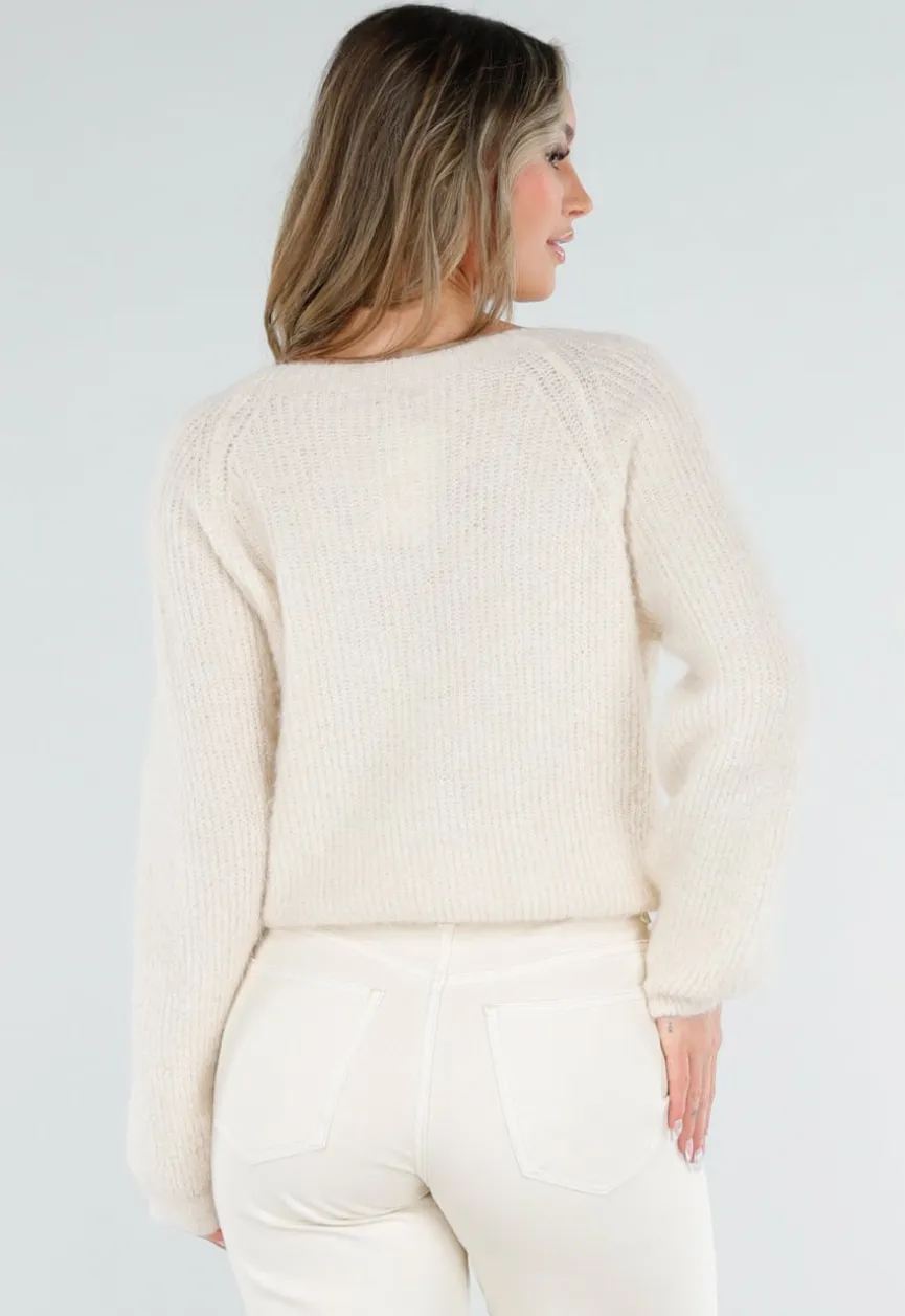 Beige Gebreide Twist Crop Trui met Lange Mouwen en V-Hals