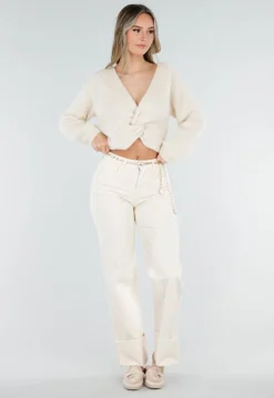 Beige Gebreide Twist Crop Trui met Lange Mouwen en V-Hals