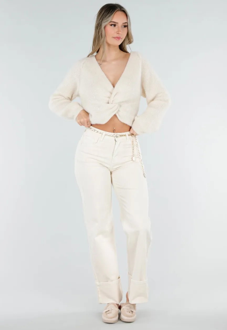 Beige Gebreide Twist Crop Trui met Lange Mouwen en V-Hals