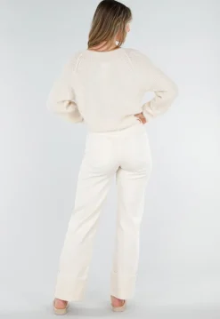 Beige Gebreide Twist Crop Trui met Lange Mouwen en V-Hals