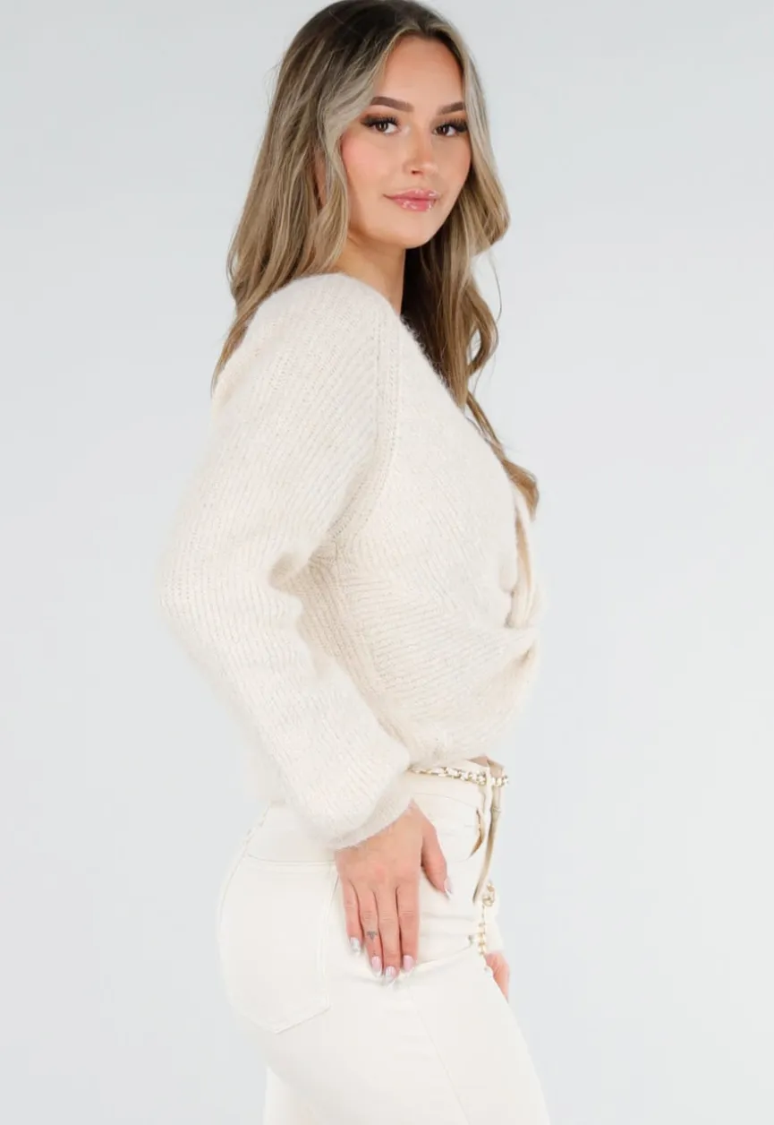 Beige Gebreide Twist Crop Trui met Lange Mouwen en V-Hals