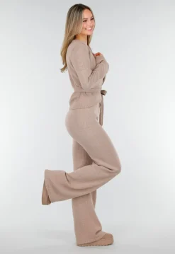 Beige Gebreide Wikkeltop met Strikceintuur en Lange Mouwen