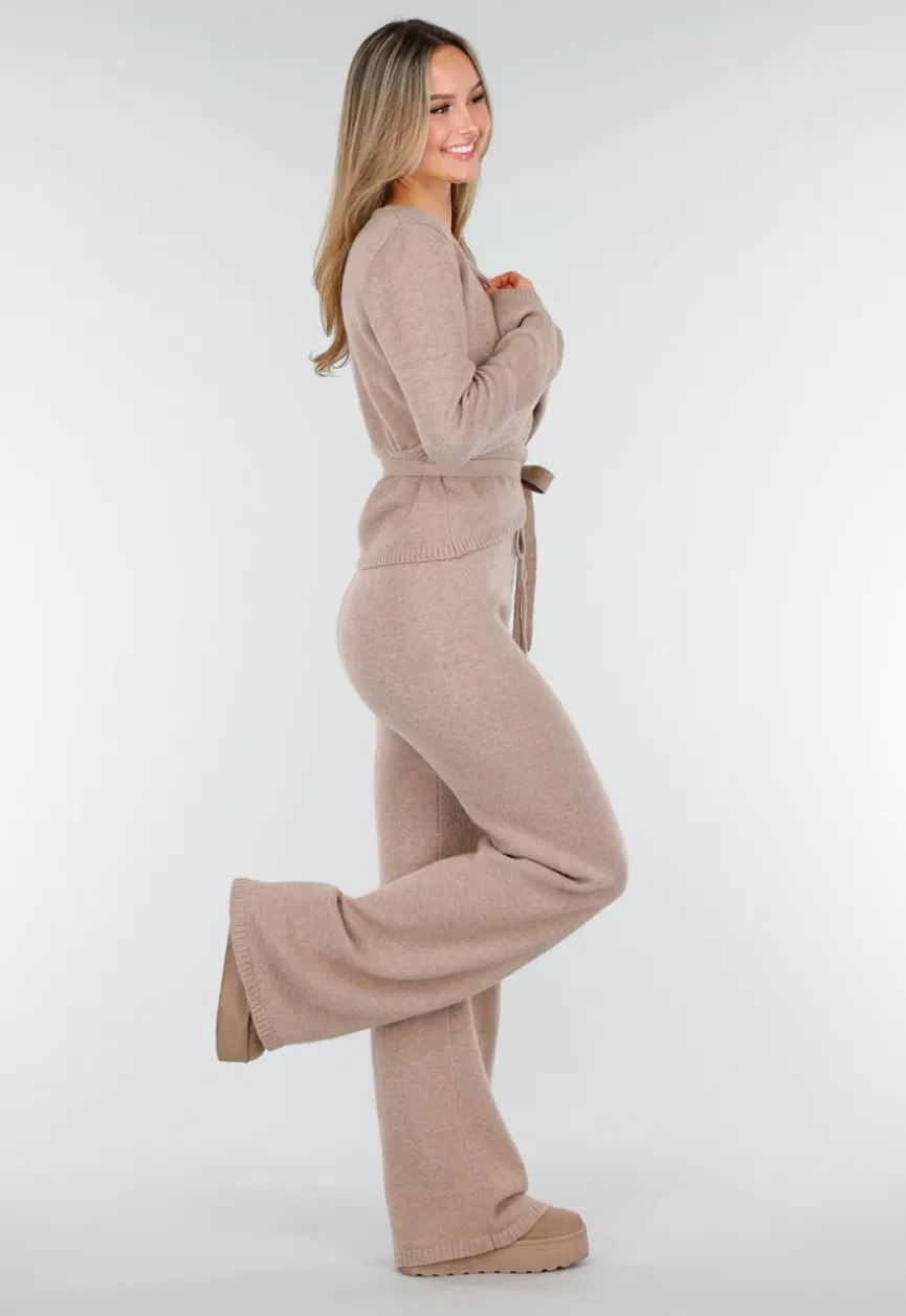 Beige Gebreide Wikkeltop met Strikceintuur en Lange Mouwen
