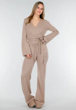Beige Gebreide Wikkeltop met Strikceintuur en Lange Mouwen