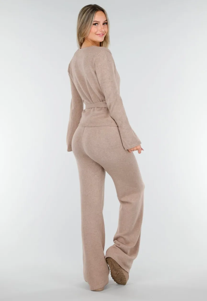 Beige Gebreide Wikkeltop met Strikceintuur en Lange Mouwen