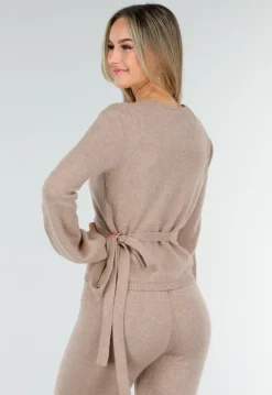 Beige Gebreide Wikkeltop met Strikceintuur en Lange Mouwen
