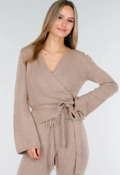 Beige Gebreide Wikkeltop met Strikceintuur en Lange Mouwen