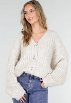 Beige Gebreid Oversized Vest met Goudkleurige Knopen