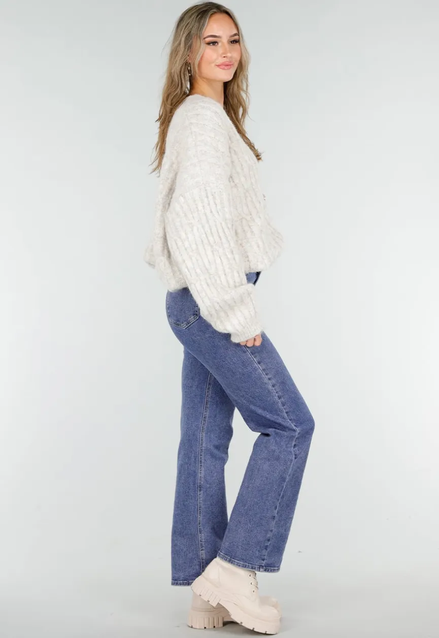 Beige Gebreid Oversized Vest met Goudkleurige Knopen